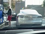 Blonde Stopped At The Gas Station To Fill Up Her Tesla
