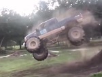 Monster Truck Disintegrates Making A Jump
